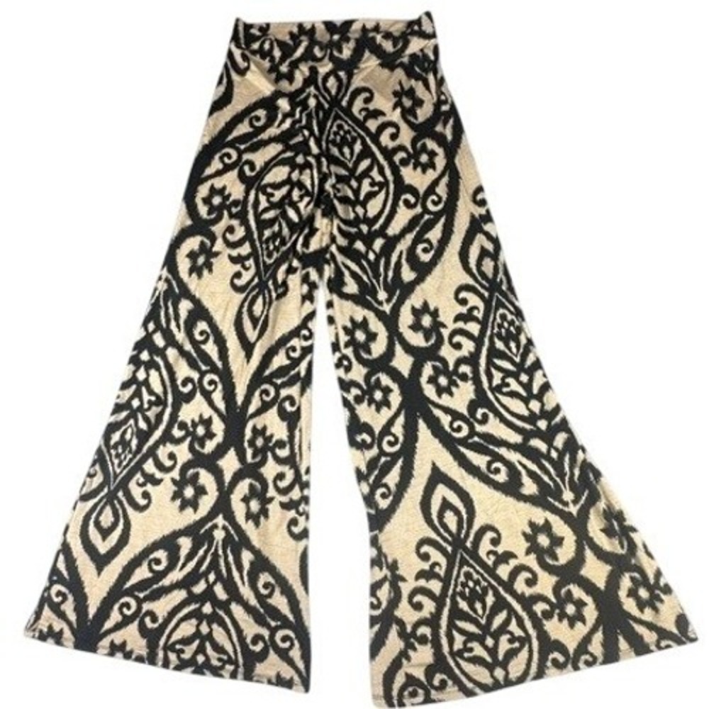 Cezanne Pants Womens Medium Black Tan Damask Paisley Wide Leg Flare Stretch